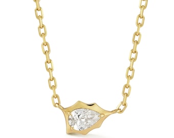 Pear Cut Lab Diamant Solitär Anhänger Halskette, East West Set Diamant Halskette, 14K Solid Gold Halskette, Lünette Set Diamant Anhänger