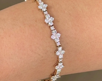 Pulseira de tênis com diamantes redondos cultivados em laboratório, pulseira em ouro amarelo 14k com cravação floral, pulseira de casamento com diamantes certificados pelo IGI para ela.