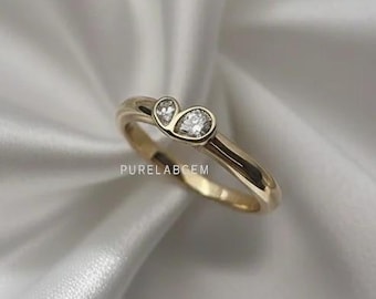 Zwei Stein Ring, Birnbaum Diamant Ring, Herzform Ehering, Toi Et Moi Verlobungsring, 14K Massiv Gold Ring, Romantischer Schmuck