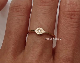 14K Gold Stern Siegelring, runder Diamant himmlischer Schmuck, minimalistischer kleiner Finger Ring