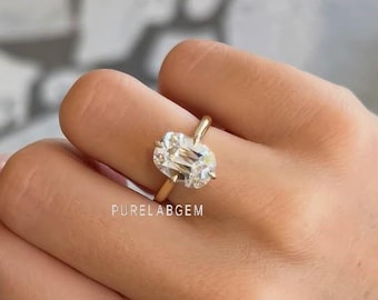 Old Mine Cushion Cut Lab Grown Diamond Engagement Ring, 14k Gold Hidden Halo Solitaire Ring, IGI Certified Diamond Compass Set Wedding Ring