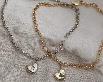 14K Solid Gold Herz Charm Armband, zierliche Diamant Schmuck, Minimalist Armband, romantischer Schmuck, Hochzeitsarmband, Geburtstagsgeschenk für sie