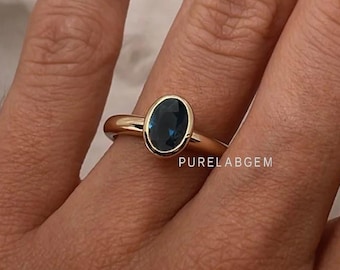 14k Gelbgold Oval blauer Saphir Ring, Lünette Set, klassische handgemachte September Birthstone Schmuck, Edelstein-Verlobungsring, Brautring