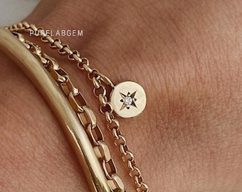 14K Solid Gold Stern Bettelarmband, zierlicher minimalistischer Schmuck