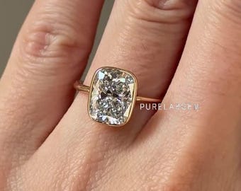 3Ct Elongated Cushion Cut Lab Grown Diamond Engagement Ring, 18K Yellow Gold Bezel Set Wedding Ring, IGI Certified Solitaire Ring For Her