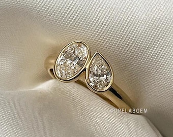 Oval & Birnen-Schliff-Diamant Toi Et Moi Ring, Zwei-Stein-Ehering, Lünette Set 14K Massivgold Verlobungsring für sie
