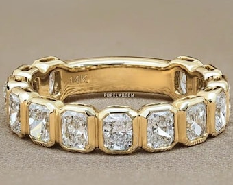 Strahlend geschnittenes Lab Diamant Eternity Band, Lünette Set, halber Eternity Ring, 14k Gelbgold stapelbares Band, konfliktfreier Diamantring