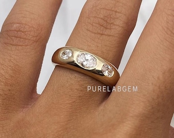 Oval Cut Gypsy Set Diamant Band, Lab gewachsen Diamant Band für Hochzeitsgeschenk, 14K Gelbgold Flush Setting Diamant Band für Sie, Dome Bandring