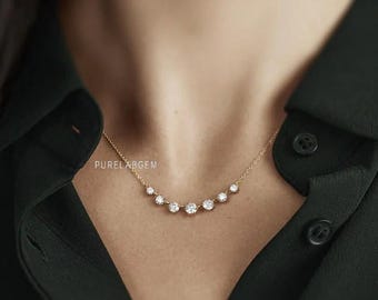 14K Gold Sieben Stein Lab Diamant Station Halskette, Minimalist Bezel Set Anhänger Halskette, Runde Diamant Hochzeitskette, Minimalistischer Schmuck