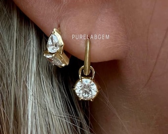 Rundschliff-Laborgewachsene Diamant-Ohrringe, Diamant Huggies, 14K Solid Gold Huggies Creolen, baumeln Tropfen Ohrringe, Bezel Set baumeln Ohrringe