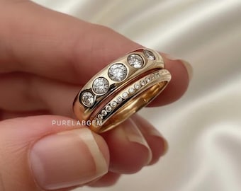 Fünf Stein Flush Set Runder Labradorit Diamant Ehering, 14k Solid Gold Chunky Dome Band, Fünf Monde Diamantring, Himmlischer Ehering