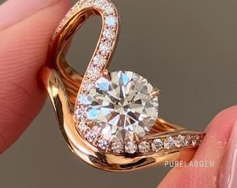 Round Cut Lab Grown Diamond Engagement Ring, 14k Solid Gold Solitaire Ring Set, EF-VS Clarity Diamond Curved Ring, Wedding Ring For Wife