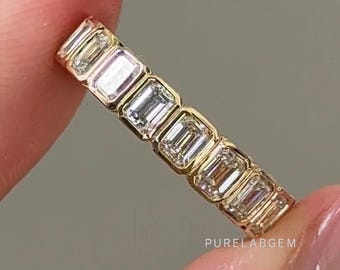 Anello a mezza eternità con 15 diamanti taglio smeraldo coltivati in laboratorio, incastonati in castone, fede nuziale in oro massiccio 14k, fascia impilabile con diamanti purezza EF-VS