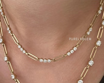 14k Solid Gold Paper Clip Diamant Halskette, EF-VS Clarity Labor gewachsene Diamanten, Minimalistische Goldketten Halskette, Zierliche Diamant Halskette