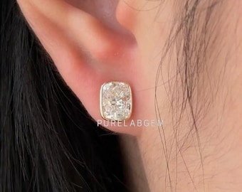 Bezel Set Kissenschliff Diamant Ohrstecker, 14K Solid Gold Ohrringe, EF-VS Clarity Diamant Ohrstecker, Minimalist Solitaire Ohrringe