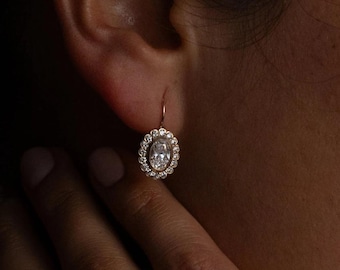 Oval Schliff Labor Diamanten Ohrhänger Ohrringe, 14k Gelbgold Hängeohrringe, Cluster Set Haken Ohrringe, Lünetten Set Diamanten Ohrhaken