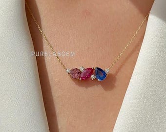 14K Gold Edelstein-Halskette, Rubin, Saphir, Granat, Familie Birthstone Charms