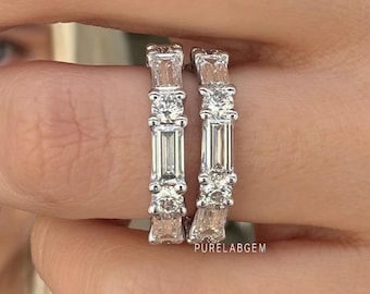 Baguette und Rundschliff Labor gewachsene Diamant volle Eternity Band, 14K Weißgold Ehering, konfliktfrei Diamant stapelbarer Ring, 4.00TCW