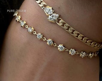 14k Gold Lünette Set Diamant Station Armband, EF-VS Klarheit Diamant Armband, Hochzeitsschmuck, Tennis Armband, Braut Armband