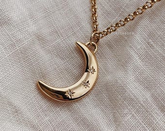 Halbmond und Sterne Anhänger Halskette, 14k Solid Gold Mond Charm Anhänger, himmlische Halskette, Nordstern Diamant Zierliche Halskette für Frauen