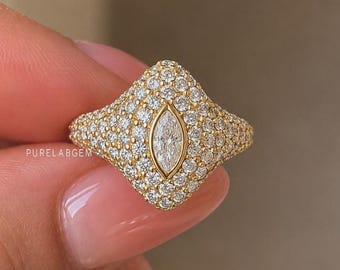 Marquise Cut Lab Grown Diamond Signet Ring, 14K Gold Pinky Ring, Bezel Set Pave Diamond Ring, Chunky Statement Ring, Gift for Her