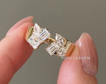 Anel tipo charuto em ouro maciço 14K, com diamante cultivado em laboratório, aro grosso.