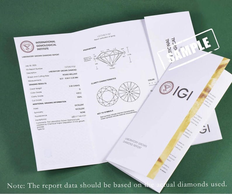 Pode incluir: Um close-up de v&aacute;rios documentos brancos do Relat&oacute;rio de Diamante Cultivado em Laborat&oacute;rio do International Gemological Institute. Os documentos incluem diagramas, informa&ccedil;&otilde;es de classifica&ccedil;&atilde;o e o logotipo IGI. A palavra "SAMPLE" est&aacute; estampada em um documento.
