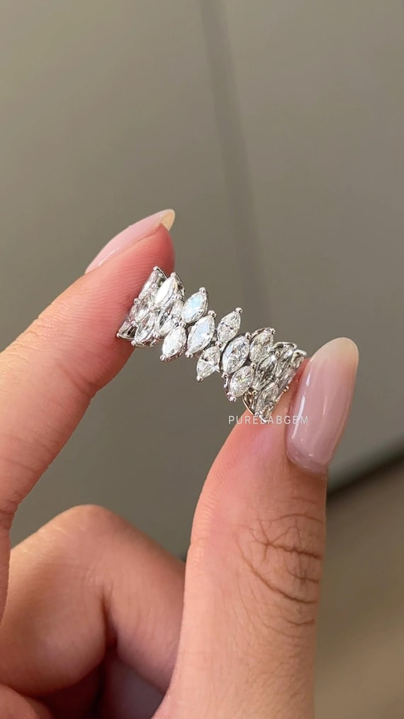 Marquise Cut Lab Grown Diamond Half Eternity Band, 14k Solid Gold Wedding Ring, Statement Ring For Women, Anniversary Gift Ring, Cluster Set