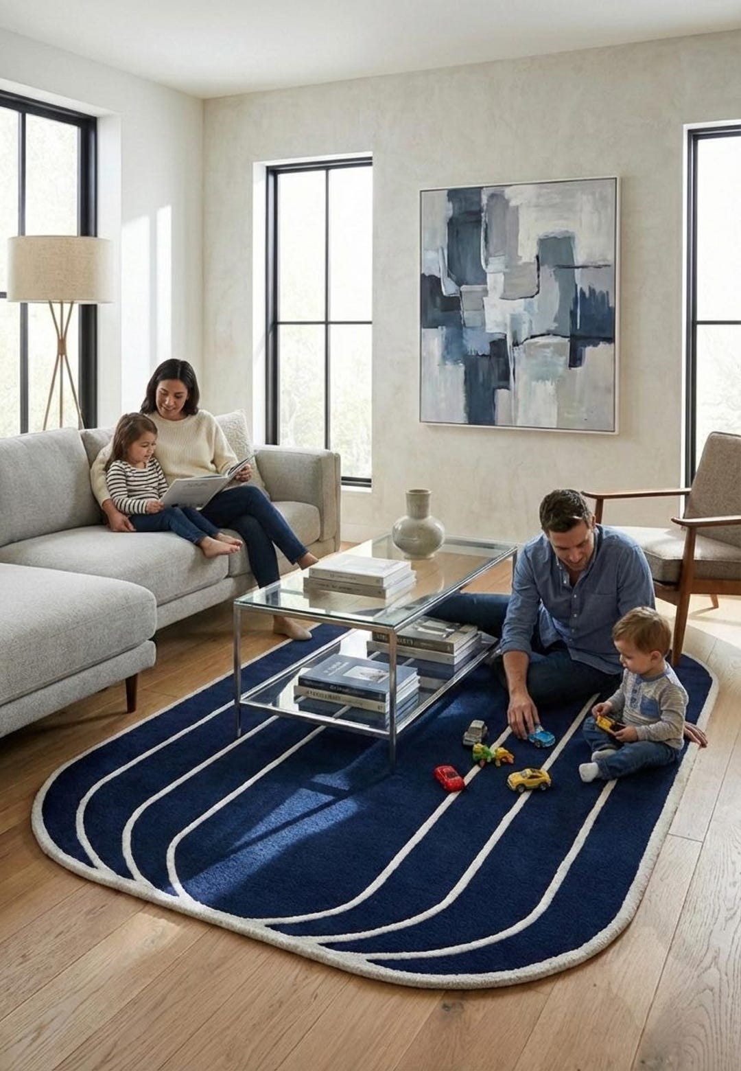 Navy Blue Hand Tufted Wool Rug, Modern Abstract 4x6 Curved Line Carpet ...