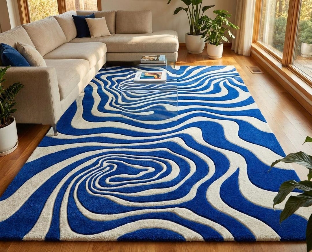 Hand-tufted Wool Rug | Abstract Blue White Waves, Modern Living Room ...