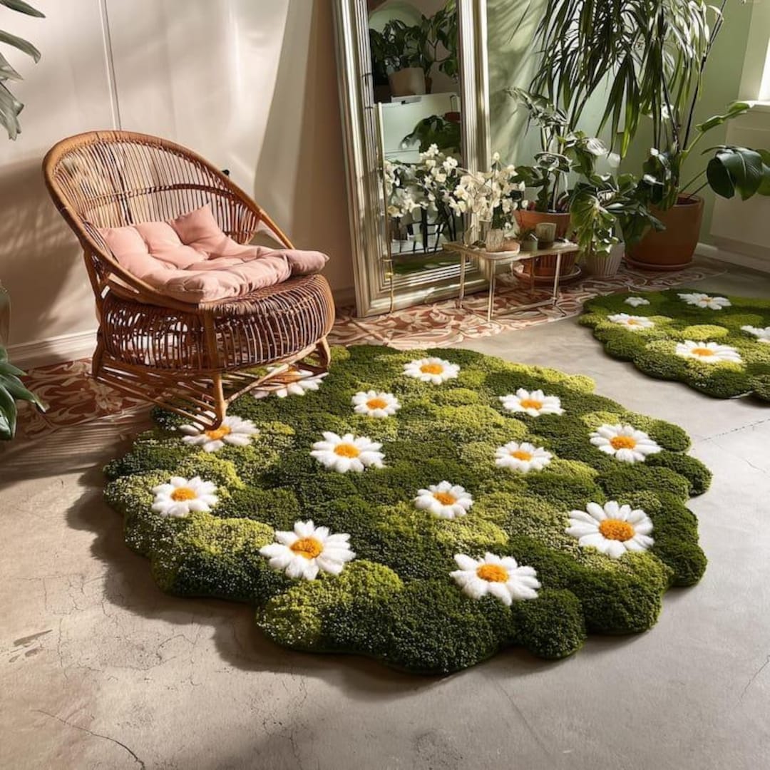 Hand Tufted Daisy Flower Rug, Moss Green Botanical Wool Carpet - Etsy