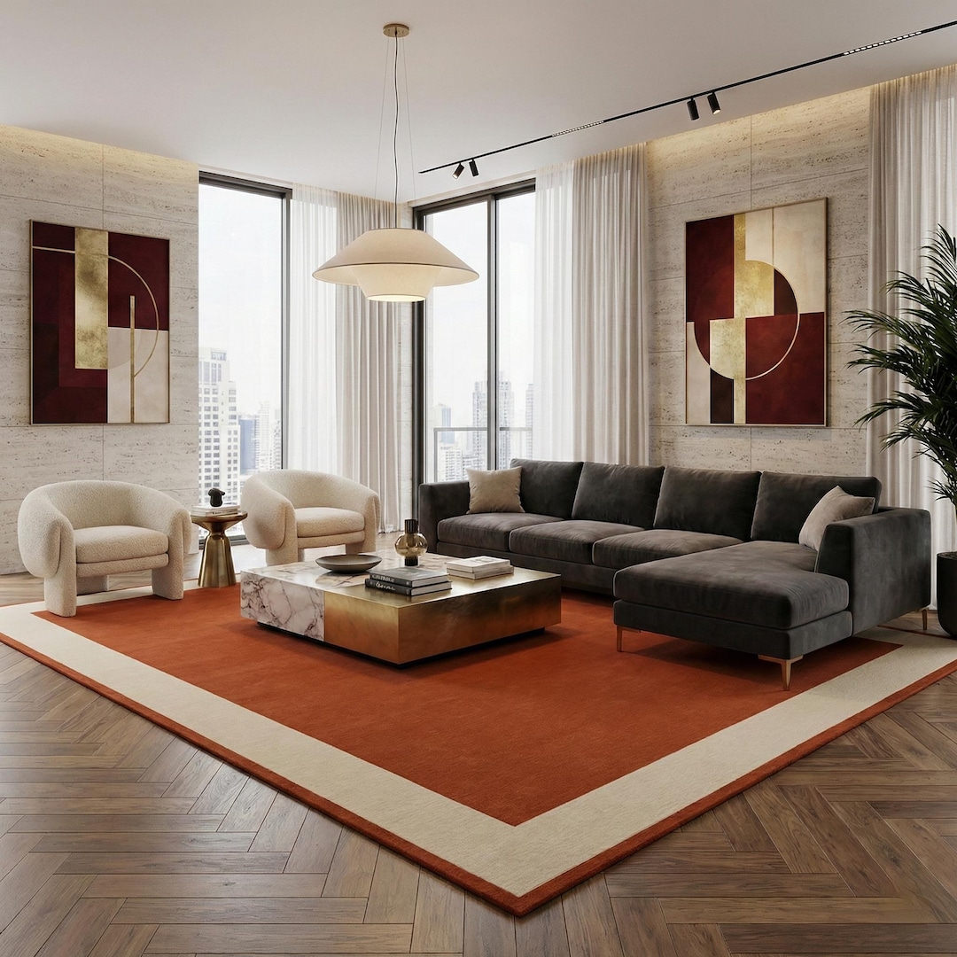 Hand-tufted Wool Rug: Terracotta & Ivory Color Block, Modern Geometric ...