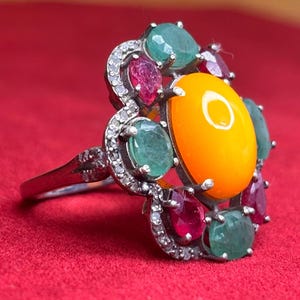 Handmade Diamond, Emerald, Ruby And Orange Opal Ring, Victorian Sterling Silver, Silver Plated Clover, Statement Ring,8.10 Gram.