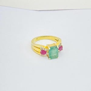 Handmade Diamond Emerald And GF Ruby Ring, Victorian Sterling Silver, Gold Plated Clover, Statement Ring, 5.10 Gram.