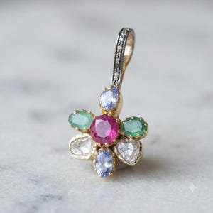 92.5 Sterling Silver Multi Gemstone Flower Pendant, Natural Polki Diamond ,Emerald ,Ruby ,Tanzanite Pendant ,Vintage Style Necklace 4.51g