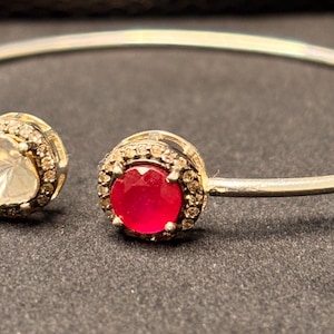 92.5 Sterling Silver Polki Diamond Bangle With Gf Ruby , Open Cuff Bangle, Handcrafted Round Gemstone 4.60 Gram