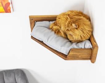Corner cat bed – solid wood wall mounted cat bed with cushion, modern cat wall shelves