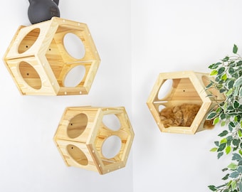 Wooden Hexagon Cat Wall Shelves - Set of 3, Modern Cat Furniture