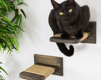 Cat wall furniture – set of 2 rope steps, wooden kitten wall shelves, cat climbing wall decor