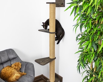Wall mounted cat tree – vertical jute rope scratching post for cats, solid wood wall furniture
