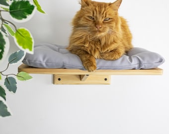 Solid Wood Cat Wall Bed – Modern Floating Cat Shelf with Pillow