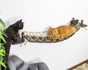 Cat bridge – wooden floating wall bridge with jute rope (1 pc), cat wall furniture