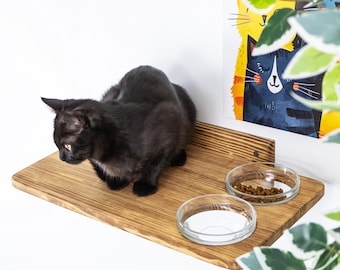 Wooden Cat Feeding Shelf - Wall Mounted Bed & Bowls