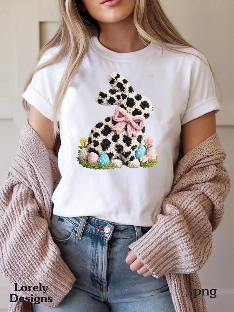Cow Print Easter Bunny PNG, Faux Yarn Coquette Bow Spring Sublimation ...