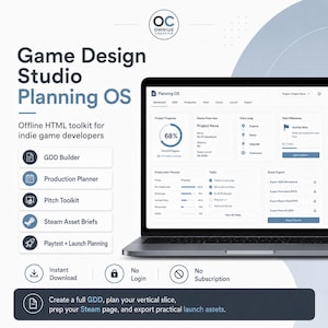 Puede incluir: Una computadora portátil muestra la interfaz "Planning OS" de un kit de herramientas de estudio de diseño de juegos. La pantalla muestra el progreso del proyecto, la descripción general del juego y las opciones de exportación. El kit de herramientas incluye un creador de GDD, un planificador de producción y un kit de herramientas de presentación.