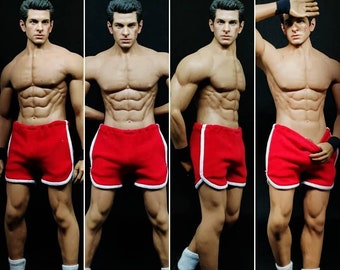 1/ 6th scale red running shorts - fit regular size but also larger and taller sixth scale collectable poseable male figures / dolls