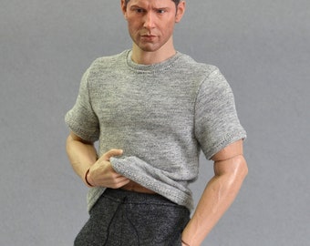 1/6th scale heather grey T-shirt fits ~ 12 inch collectible poseable action figure bodies e.g. Hot Toys TTM 19 Phicen TBLeague M31 M32 M33