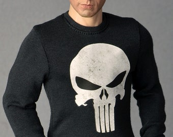 1/ 6th scale black long sleeved Punisher skull T-shirt fits ~ 12 inch figures e.g. Hot Toys TTM 18, 19, 21 Phicen TBLeague M31 M32 M33