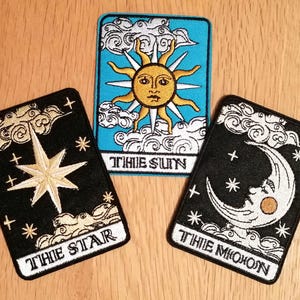 Toppe mistiche dei tarocchi | Il sole, la luna, le stelle | Toppa ricamata per giacca, borsa, festival | Sole, luna e stelle in stile strega