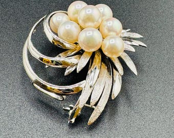 Broche Art Déco En Argent 925 - Perle Akoya 8,5 Mm Et émail - Vintage Allemagne